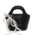 Mini black bucket bag in glossy ripple texture with pearl bow and lace charm detail - Lace Pearl Bow Pendant / Black