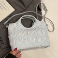 Light grey pleated bucket bag with round top handle and adjustable shoulder strap - Without Pendant / Blue - Without Pendant
