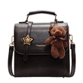 Vintage dark brown satchel bag with retro star buckle and brown plush bear accessory - Brown