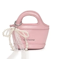 Pink patent leather mini handbag with pearl lace bow charm and black logo lettering - Lace Pearl Bow Pendant / Pink