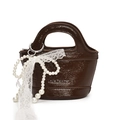 Mini dark brown glossy patent leather handbag with pearl chain and lace accents - Lace Pearl Bow Pendant / Brown