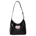 Black glossy tote bag featuring white lace and pink bow accent in a minimalist style - Black - Without Pendant