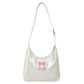 Minimalist pearl white tote bag with pink bow lace detail and adjustable strap - White without Pendant