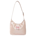 Pink faux leather hobo tote bag featuring a decorative lace and ribbon bow - Pink - No Pendant