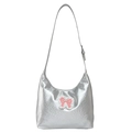 Y2K style silver tote bag with pink bow and lace details for stylish women - Silver - No Charm
