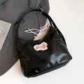 Chic black glossy tote bag with lace bow detail and adjustable wide shoulder strap - Black With Rabbit Pendant