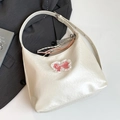 Minimalist creamy white hobo tote bag with pink embroidered bow and metal pendant - White With Pendant