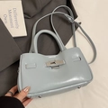 Grey blue leather bucket bag with silver metal swivel lock and adjustable strap - No Pendant / Blue