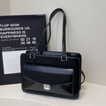 Minimalist black glossy leather shoulder bag with envelope flap and silver hardware - No Pendant / Black