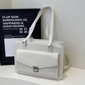 Minimalist white faux leather shoulder bag with silver square buckle and long strap - No Pendant / Off White