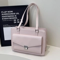 Pale pink leather shoulder bag with rectangular front pocket and silver metal buckle - No Pendant / Pink