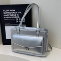 Minimalist silver metallic handbag with square structure and polished metal buckle clasp - No Pendant / Silver