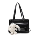 Glossy black patent leather messenger bag with white bunny plush charm and silver buckles - With Lop Rabbit Charm / Black