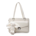 Chic cream white faux leather shoulder bag with sleek metal lock and plush rabbit charm - With Lop Rabbit Charm / Off White