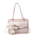 Pink faux leather messenger tote bag with metal buckle and cute bunny plush charm - With Lop Rabbit Charm / Pink