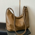 Caramel brown soft PU leather tote bag with lychee texture and crescent shape - No Pendant / Brown