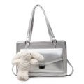 Silver vintage messenger bag with metal finish, dual handles and a white plush rabbit charm - With Lop Rabbit Charm / Silver