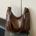 Retro dark brown crescent tote bag in soft PU leather with embossed fashion logo detail - No Pendant / Brown