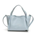 Borsa a secchiello celeste minimalista in pelle con logo MUDUO e tracolla - Blu