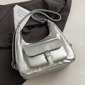 Sac fourre-tout argenté minimaliste en similicuir avec bandoulière et poche à boucle - Argent - Sans Pendentif