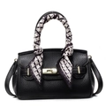 Elegant black satchel bag with gold rotary lock and geometric silk scarf handle detail - Black-Small