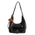 Glossy black hobo shoulder bag with silver buckle and brown teddy dog charm - Black With Puppy Charm
