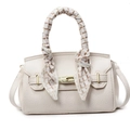 Elegant cream white top handle bag with textured leather and decorative silk scarf - Cream-Small