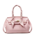 Elegant light pink pebbled leather handbag with silk scarf handle and golden lock clasp - Pink-Large