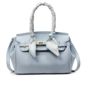 Light blue lychee leather handbag with golden lock and silk scarf handle decor - Blue-Large