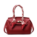 Elegant red litchi grain leather handbag with gold twist lock and decorative silk scarf - Wine Red - Large