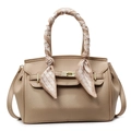 Beige pebble leather mini handbag with gold twist lock and decorative silk scarf - Khaki - Large