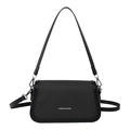 Bolso bandolera minimalista de sarga negra con solapa y ribete de piel sintética - Negro