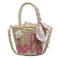 Beige straw bucket bag with pink hello lettering and floral silk scarf detail - Rose Red