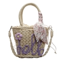 Straw tote bag with purple hello embroidery and floral scarf for summer vacation - Purple
