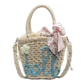 Straw bucket bag in cream white with blue hello embroidery and floral ribbon detail - Blue