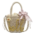 Beige handmade woven straw bucket bag with hello text and pink floral scarf detail - Yellow