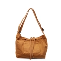 Brown canvas tote bag with drawstring front pocket and adjustable shoulder strap - Brown