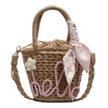 Handmade straw bucket bag with pink hello embroidery and floral scarf detail - Pink