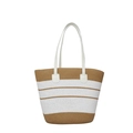 Sac fourre-tout tissé à rayures marron et blanc avec poignées en cuir pour la plage - Sac Unique / Kaki
