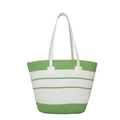 Grand sac de plage tressé à rayures vertes et blanches avec fines anses blanches - Sac Unique / Vert
