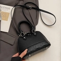 Chic black ostrich texture shell bag with top handles and adjustable shoulder strap - No Pendant / Black