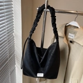 Minimalist black matte leather tote bag with unique pleated strap and white brand label - Black - Without Pendant