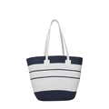 Handwoven beach tote bag with navy blue and white horizontal stripes and slim handles - Single Bag / Dark Blue