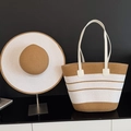 Ensemble sac de plage rayé en paille et chapeau de soleil à larges bords blanc et beige - Ensemble Sac et Chapeau / Kaki
