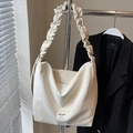 Minimalist beige tote bag featuring a unique gathered scrunchie style shoulder strap - Off-white - No Pendant