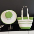 Ensemble chapeau de plage tressé rayé vert et blanc avec sac fourre-tout assorti - Ensemble Sac et Chapeau / Vert