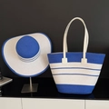 Ensemble sac de plage tissé à rayures bleu et beige et chapeau de soleil assorti - Ensemble Sac et Chapeau / Bleu royal