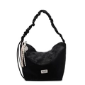 Minimalist black tote bag with ruched strap and tennis racket charm accessory - Black With Pendant
