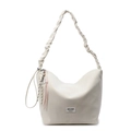 Minimalist cream-white tote bag with cloud-like ruched shoulder strap and side woven pendant - Cream White With Pendant