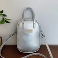 Minimalist metallic silver PU leather crossbody phone bag with brand logo tag - Silver (No Pendant)